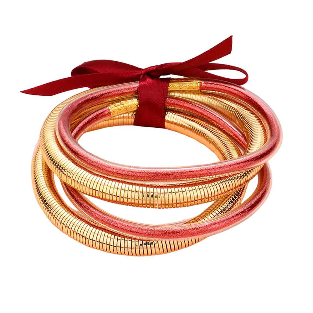 Red 5PCS Glitter Jelly Tube Metal Elastic Layered Bracelets made with high-quality materials. The elastic design ensures a comfortable fit for all wrist sizes. 