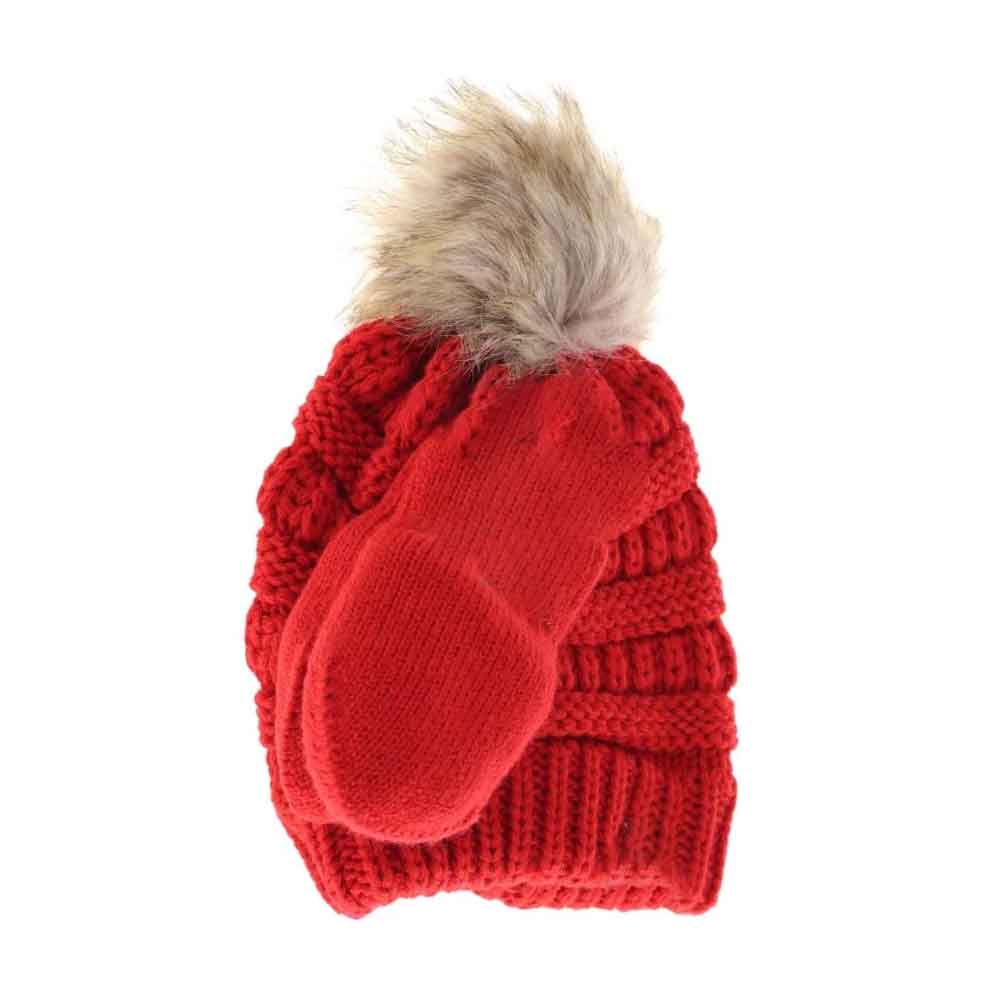 Red BABY Solid Knit Faux Fur Pom C.C Beanie with Mitten Set combines warmth and style for your infant. Featuring a soft knit construction and a plush faux fur pom, the beanie offers gentle insulation while the coordinating mittens keep tiny hands protected from chilly weather. This set is designed with comfort and durability in mind, providing reliable cold-weather coverage that is both functional and fashionable for everyday use.
