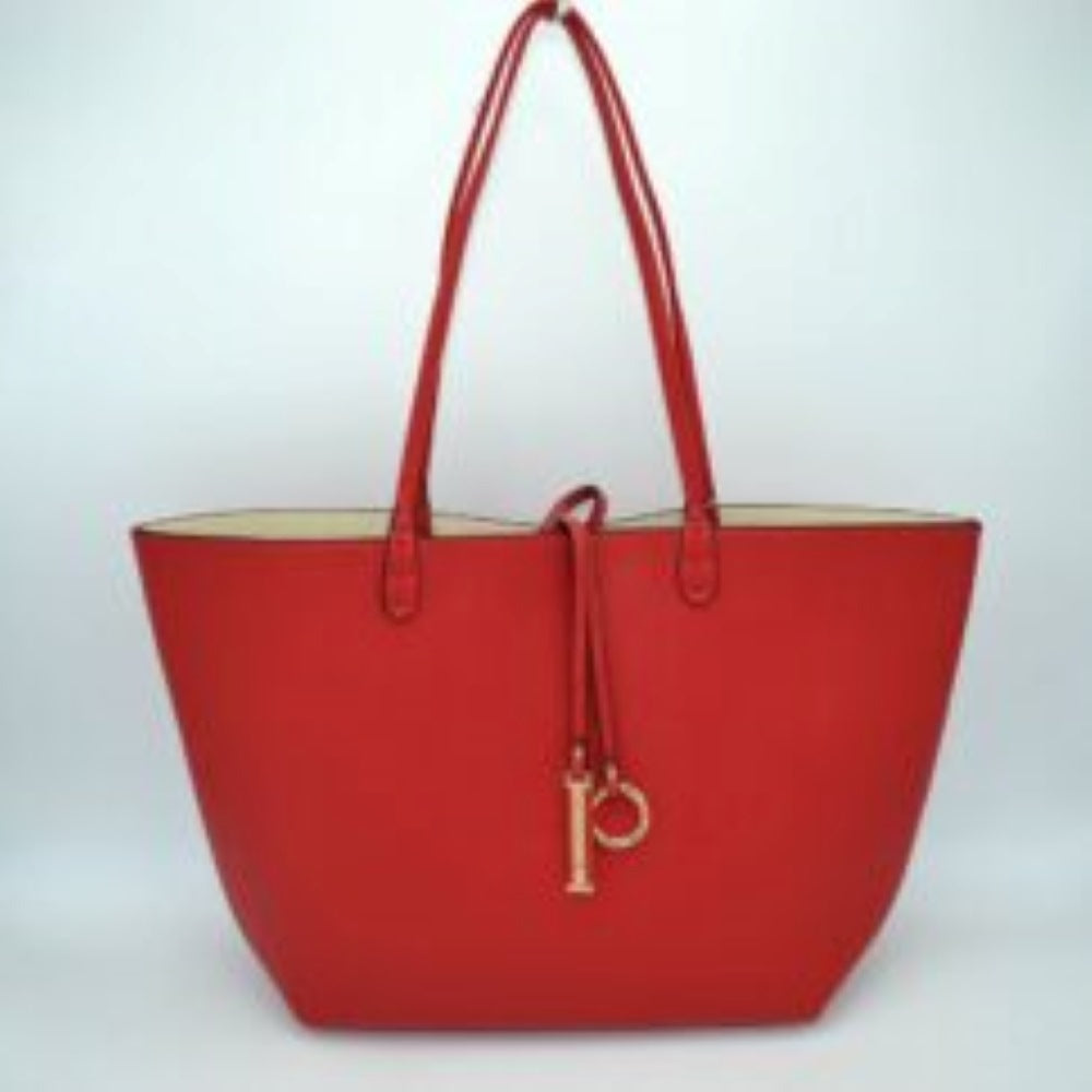 Red-Beige This classic tote bag features a smooth exterior finish with a timeless trapeze silhouette, offering an elegant look for everyday use. Designed with an open top for quick access, the spacious main compartment provides ample storage space for daily essentials. Dual slim shoulder handles are securely stitched to the upper panels, while a decorative central drawstring tie accents the front, complete with a metallic ring and matching tab accent for a polished touch.
