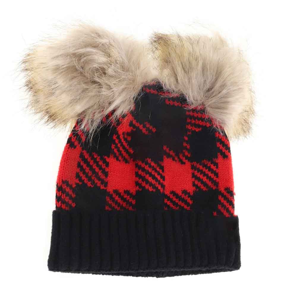 Red-Black- BABY Buffalo Check Double Pom C.C Beanie offers expert design tailored for infants, combining warmth and classic style. Featuring a soft, durable fabric with a distinctive buffalo check pattern, this beanie includes two charming pom-poms for a playful yet refined look. Its comfortable, secure fit protects delicate skin from cold weather, making it a practical and stylish choice for babies during cooler seasons. 