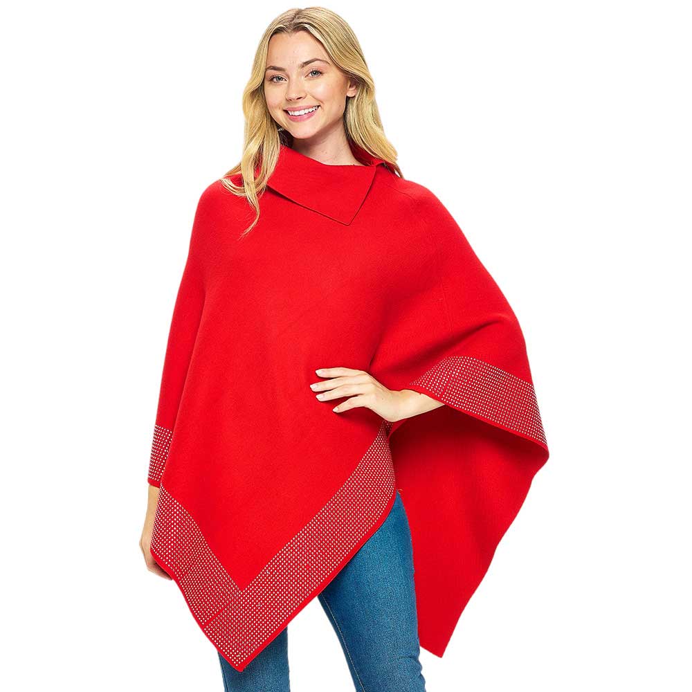 Red Bling Border Solid Neck Poncho, with the latest trend in ladies' outfit cover-up! the high-quality knit neck poncho is soft, comfortable, and warm but lightweight. Stay protected from the chilly weather while taking your elegant looks to a whole new level with an eye-catching, luxurious casual outfit for women!