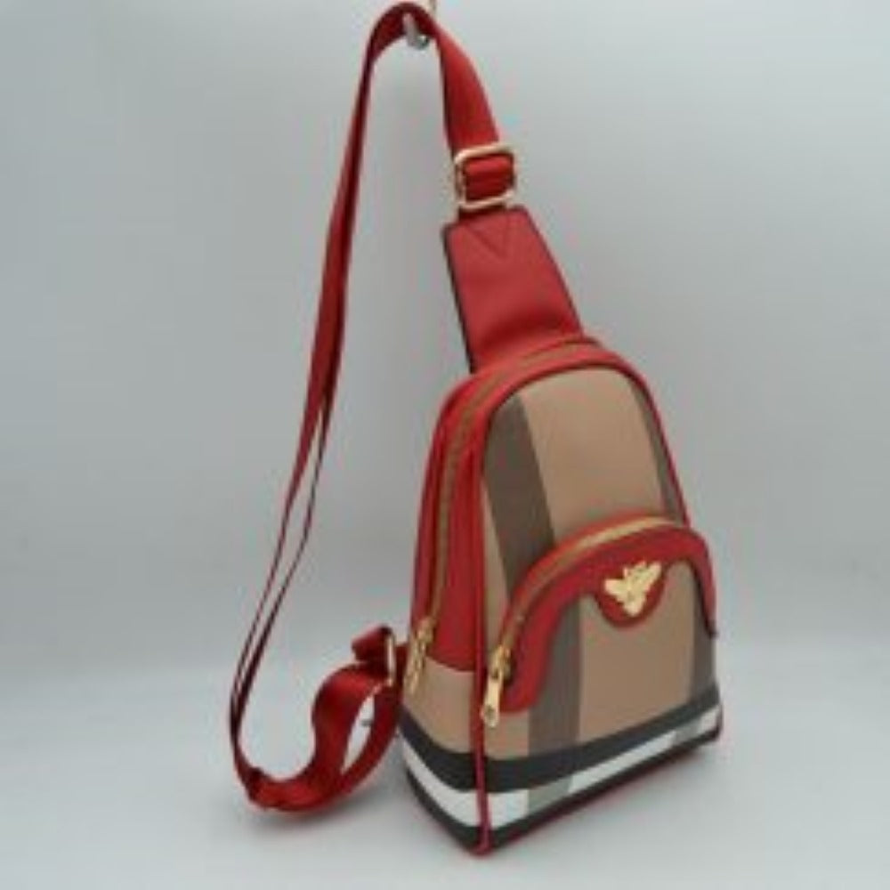 Red-brown This functional sling bag showcases a geometric panelled pattern across the exterior, making it a distinct choice for active everyday use. It features multiple practical storage compartments, including a curved main zippered section and a smaller front pouch highlighted by a detailed metallic bee emblem. Designed with a single broad strap style, it connects to a metallic buckle at the top to allow for a versatile, over-the-shoulder carry layout.