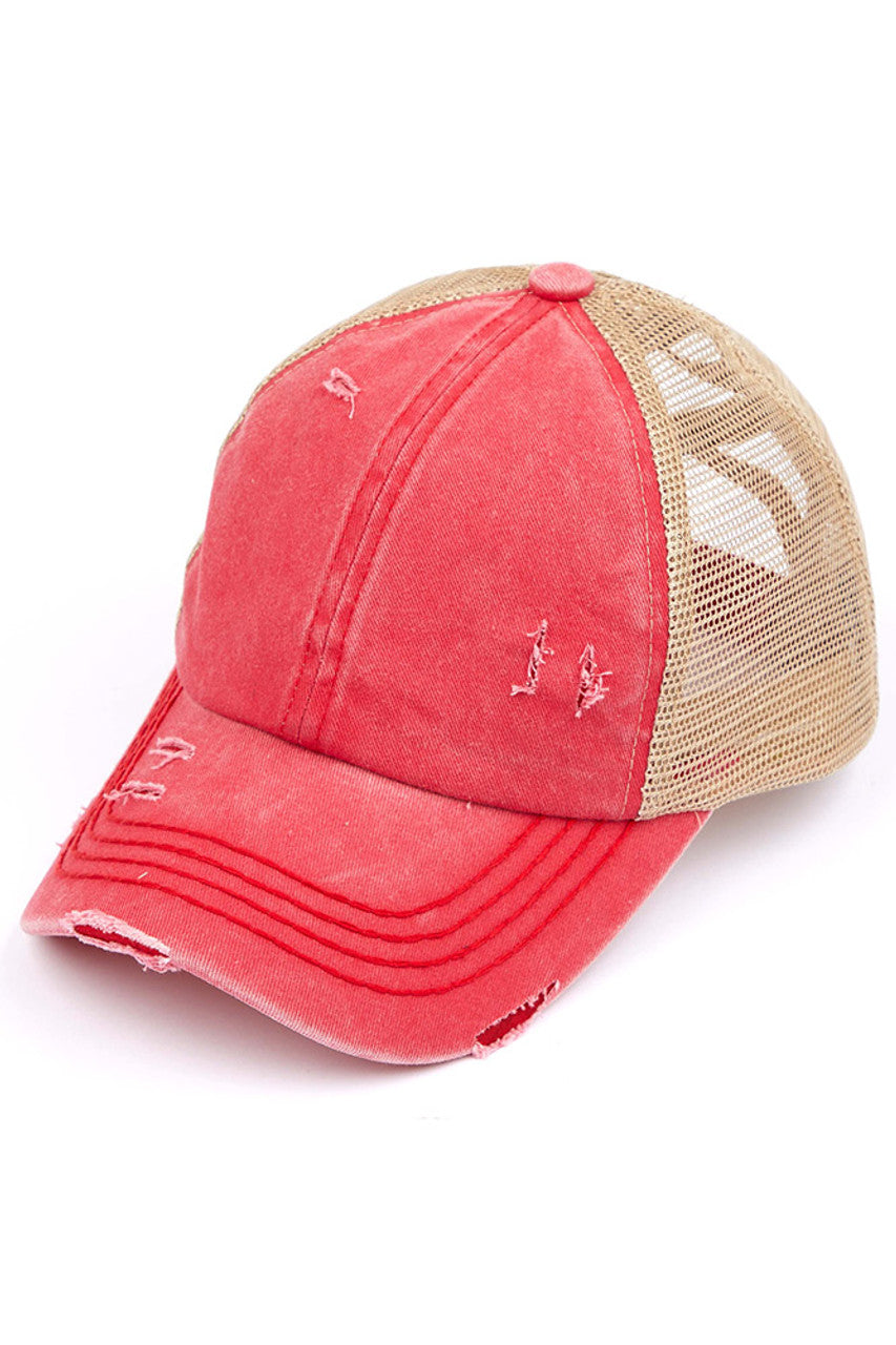 Red C.C BASEBALL PONYCAP is a stylish and functional cap that combines the classic look of a baseball cap with the convenience of a ponytail holder. Made with high-quality materials and a comfortable fit, this cap is perfect for any outdoor activity. Stay cool and protected with the C.C BASEBALL PONYCAP.