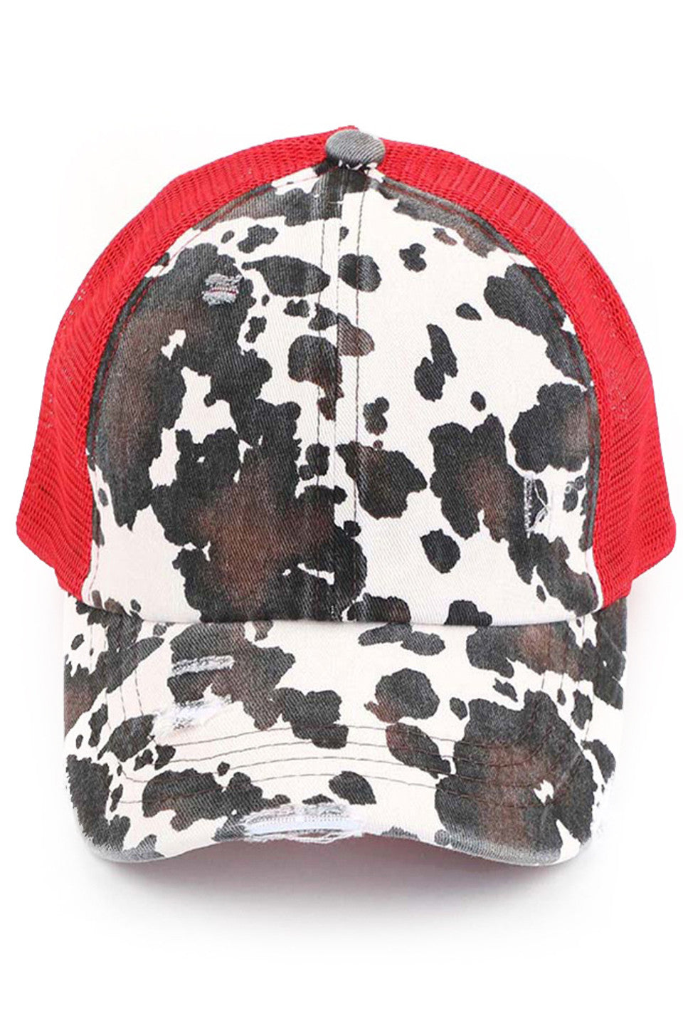 red C.C cow print criss cross ponycap is the perfect blend of style and functionality. The adjustable criss cross design allows for a comfortable and secure fit, while the unique cow print pattern adds a touch of fun to any outfit. Made with high-quality materials, this ponycap is durable and long-lasting.
