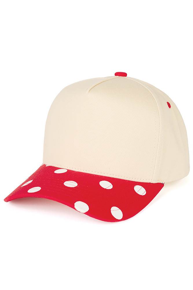 Classic style meets playful design with this C.C trucker hat. Bold big polka dots print the brim while two-tone construction adds visual interest and versatility. Structured mesh panels keep you cool and comfortable all day long, whether you're at the beach, running errands, or enjoying outdoor activities. The adjustable back strap ensures a secure, customizable fit for most head sizes. Fun, functional, and effortlessly stylish. Available Colors: Black, Brown, Navy, Red, White 100% Cotton Circumference: 22.