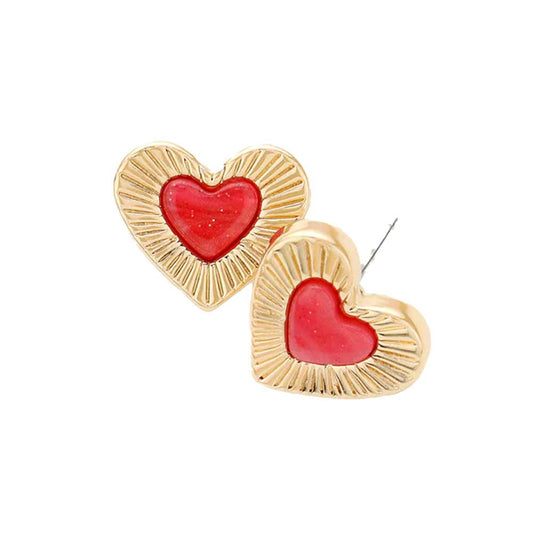 Red Celluloid Acetate Heart Centered Stud Earrings. Beautifully crafted design adds a gorgeous glow to any outfit. Jewelry that fits your lifestyle! Perfect Birthday Gift, Anniversary Gift, Mother's Day Gift, Anniversary Gift, Graduation Gift, Prom Jewelry, Just Because Gift, Thank you Gift.