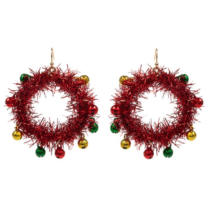 Bring festive flair to your outfit with these tinsel wreath earrings, decorated with playful jingle bell charms. Perfect for holiday events, seasonal parties, or adding cheer to everyday looks, these lightweight earrings offer a bold and joyful statement.