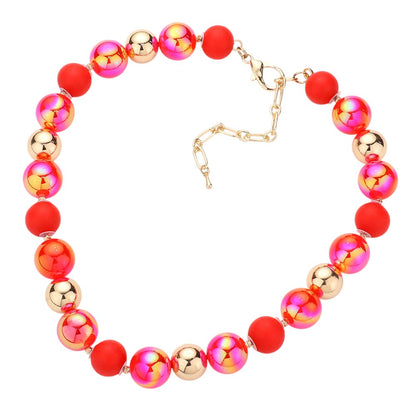 Red Chunky Glass Metal Ball Beaded Necklace is a stunning addition to any outfit. The chunky glass and metal balls provide a bold and eye-catching look, while the beaded design adds a touch of elegance. Made with high-quality materials, this necklace is both durable and stylish. Elevate your style with this statement piece.