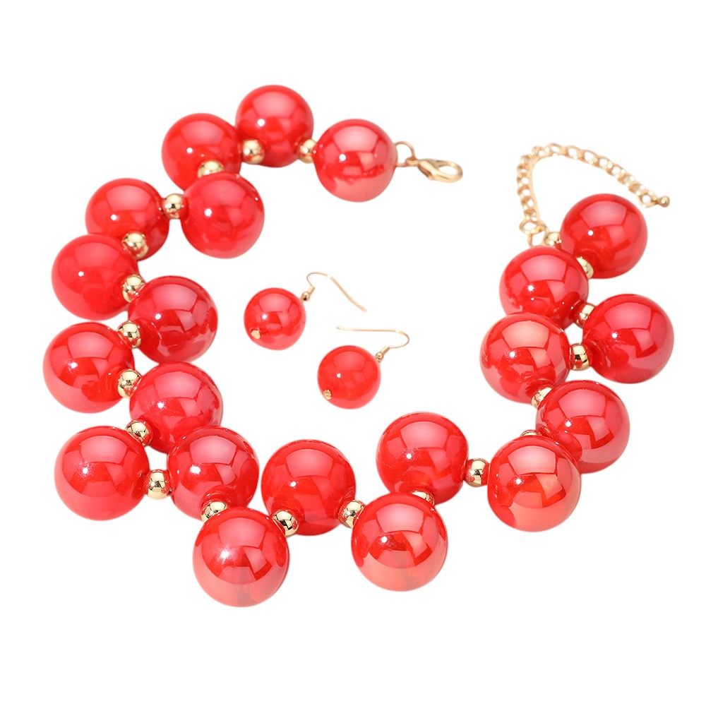 Red chunky iridescent ball beaded necklace elevates any outfit with its unique and eye-catching design. The perfectly placed beads create a glamorous and statement-making accessory. Crafted with quality materials, this necklace is a must-have for any fashion enthusiast. 