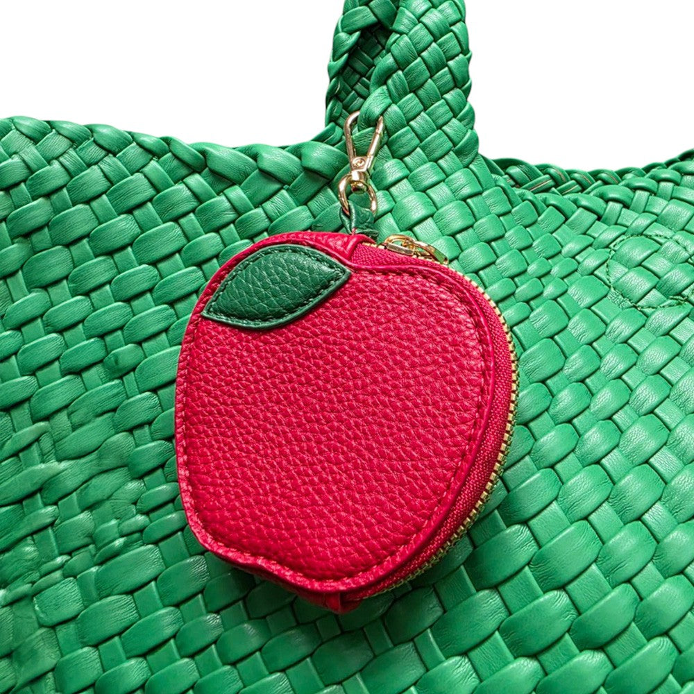 Red Faux Leather Apple Bag Charm adds a touch of elegance to any bag. Made with high-quality materials, it's durable and stylish. Effortlessly elevate your accessory game with this charming piece. 