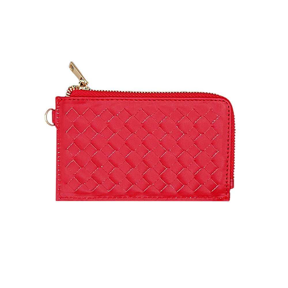 Faux Leather Basket Weave Flat Card Holder Wallet with Wristlet - Red - Wallets
