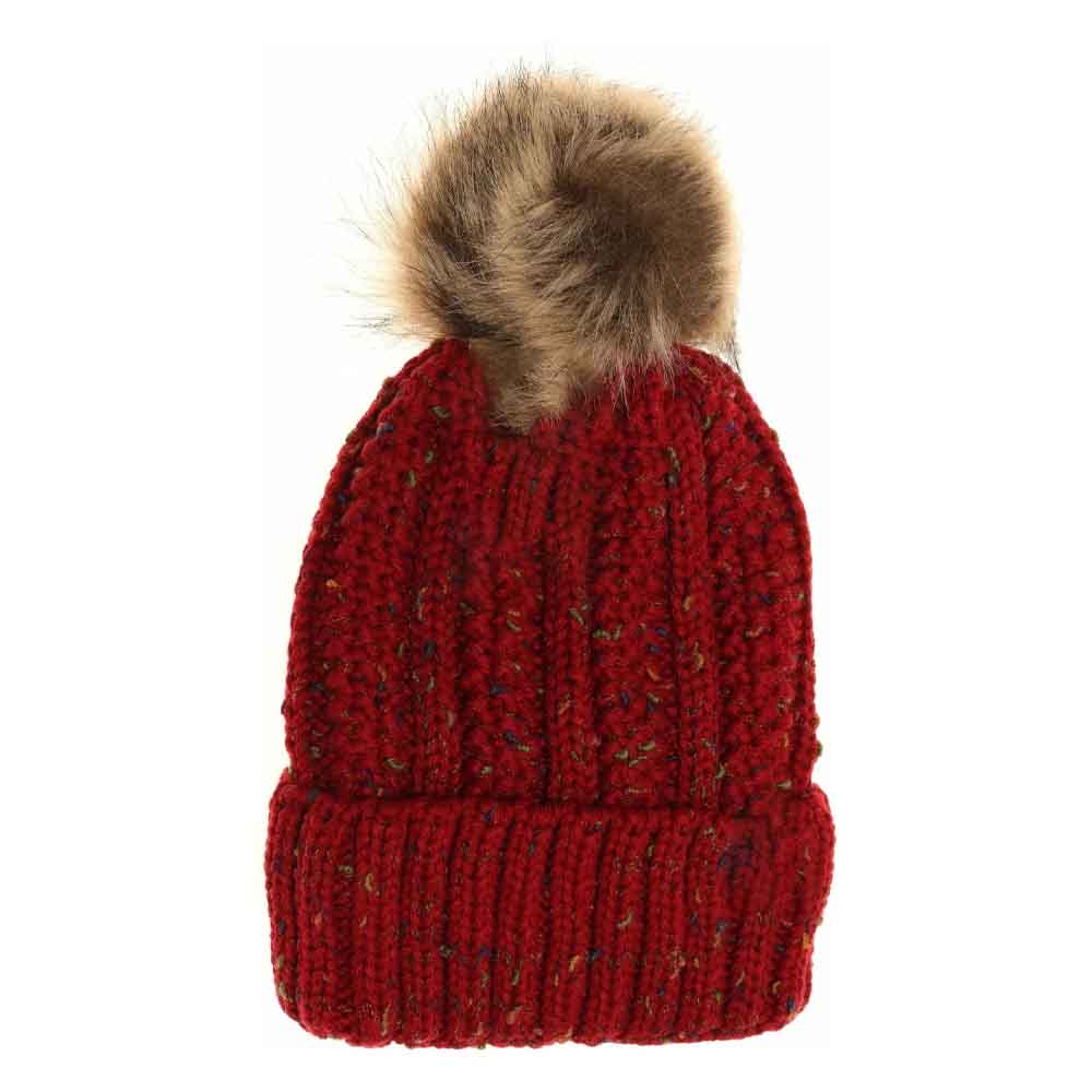 Fuzzy Lined Flecked Fur Pom C.C Beanie - Red - Beanies