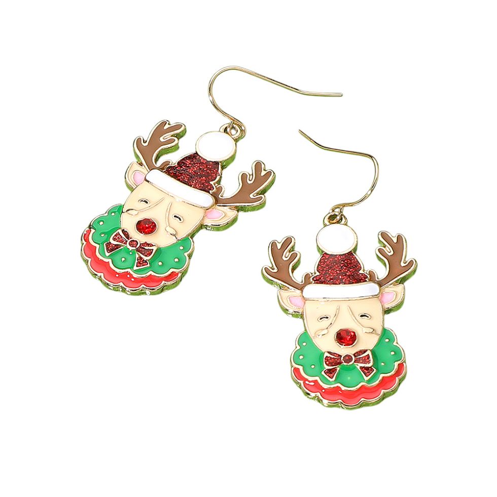 Celebrate the season with these cheerful reindeer earrings adorned with a Santa hat, sparkly nose, and detailed holiday wreath. Perfect for spreading joy at Christmas parties or adding a whimsical accent to your outfit. A must-have holiday jewelry piece.