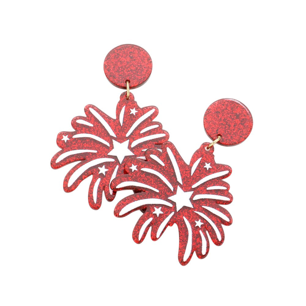 Red These Glittered Resin Fireworks Dangle Earrings will add a touch of sparkle and fun to any outfit. Handcrafted with care and attention to detail, these earrings are perfect for those who love to stand out and make a statement.