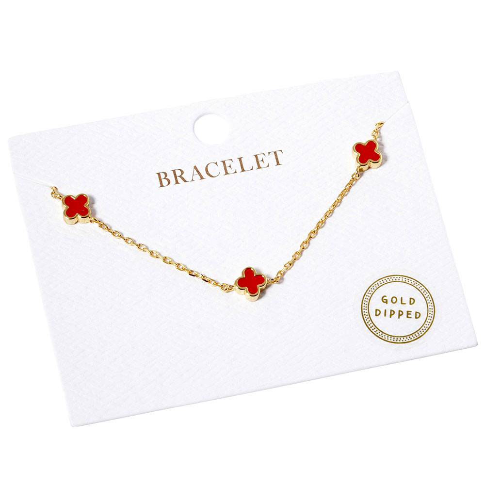 Red Gold Dipped Triple Quatrefoil Link Bracelet, is the perfect accessory for any outfit. Crafted using gold-dipped materials, it is lightweight, durable, and will not tarnish. A triple Quatrefoil Link design adds interest and style to any look. This beautiful bracelet can be a nice gift to your loved ones on any occasion.