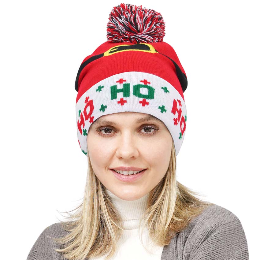 Red HOHOHO Message Christmas Pom Pom Beanie Hat, wear this beautiful beanie hat with any ensemble for the perfect finish before running out the door into the cool air. It's an excellent gift for your friends, or family for Christmas, especially for your friends, family, and the people you love and care about.