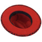 Red Leopard pattern fedora hat, featuring a sophisticated silhouette and decorative belt detail. Crafted with precision, this statement piece combines classic fedora styling with bold leopard print for versatile wear. Perfect for adding a touch of refined wildness to both casual and dressed-up looks.