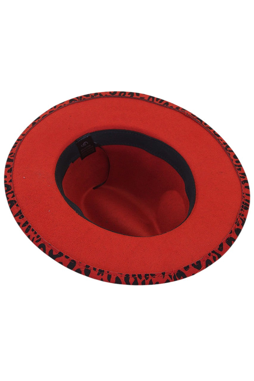 Red Leopard pattern fedora hat, featuring a sophisticated silhouette and decorative belt detail. Crafted with precision, this statement piece combines classic fedora styling with bold leopard print for versatile wear. Perfect for adding a touch of refined wildness to both casual and dressed-up looks.