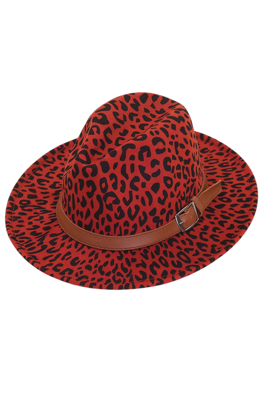 Red Leopard pattern fedora hat, featuring a sophisticated silhouette and decorative belt detail. Crafted with precision, this statement piece combines classic fedora styling with bold leopard print for versatile wear. Perfect for adding a touch of refined wildness to both casual and dressed-up looks.