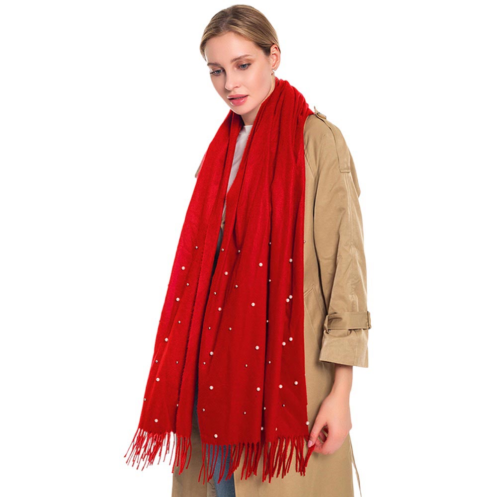 Red Pearl Embellished Solid Oblong Scarf, delicate, These Winter scarfs for women are elegant, and lightweight and can be added to any outfit to keep up with the latest color trends. Warm, on-trend & fabulous, a luxe addition to any cold-weather ensemble. Lovely pearl decoration makes you look chic and fashionable.