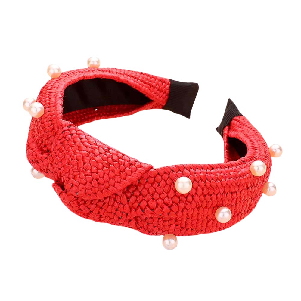 Red Pearl Embellished Straw Knot Burnout Headband, create a beautiful look while perfectly matching your color with the easy-to-use straw knot burnout headband. Push your hair back and spice up any plain outfit with this straw knot burnout headband!