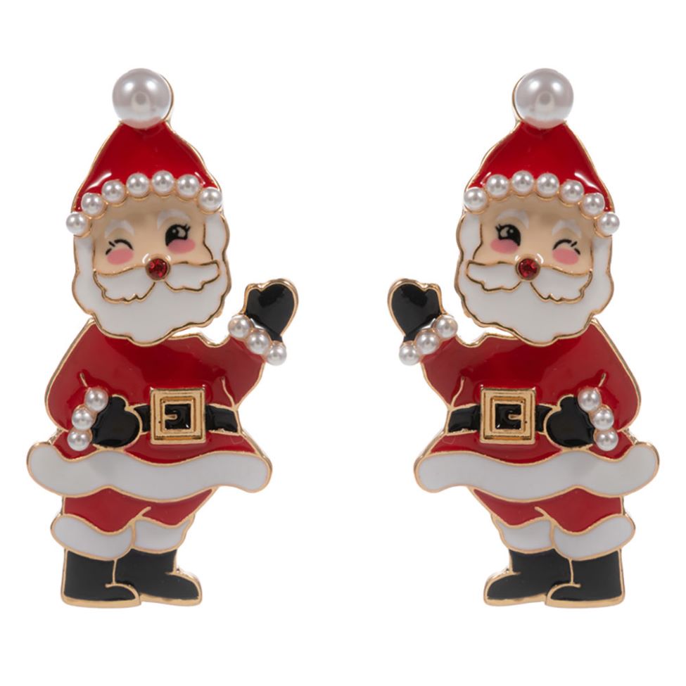 Bring playful cheer to your look with these festive winking Santa earrings, complete with pearl accents and bright details. A whimsical holiday accessory perfect for parties, gifting, or spreading seasonal joy.
