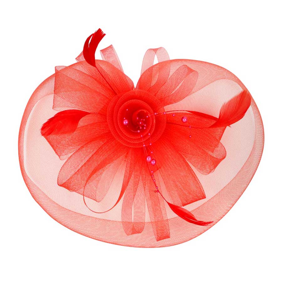 Red Pearl Feather Mesh Flower Fascinator Headband, this accessory adds romance to any look. Made with delicate mesh and detailed with a feather flower and pearl accents, it is sure to become your go-to accessory for special occasions or any event. Perfect gift for birthdays, anniversaries, or any other significant day. 
