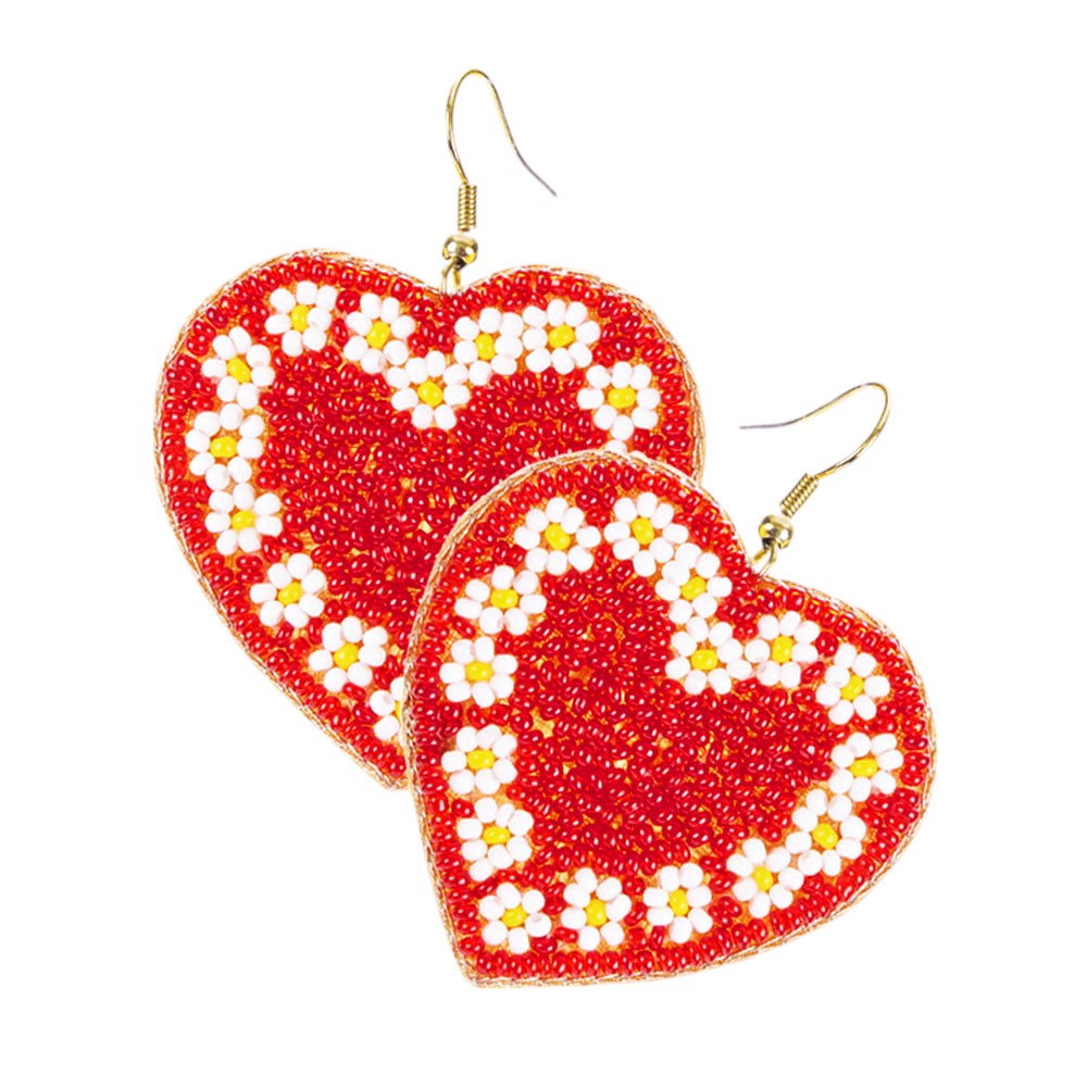 Red Seed Beaded Heart Dangle Earrings, crafted with intricate seed bead details and feature a charming heart-shaped dangle. Add a touch of elegance and sophistication to any outfit with these stylish earrings. Perfect for any occasion, these earrings make a lovely gift for yourself or a loved one.