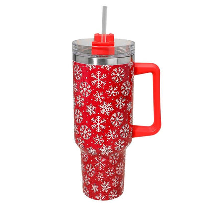 Celebrate the season with this festive 40oz holiday tumbler featuring a charming snowflake design. Includes a secure lid, handle, and reusable straw for easy sipping on the go. Great for keeping beverages hot or cold during holiday events, travel, or daily hydration.