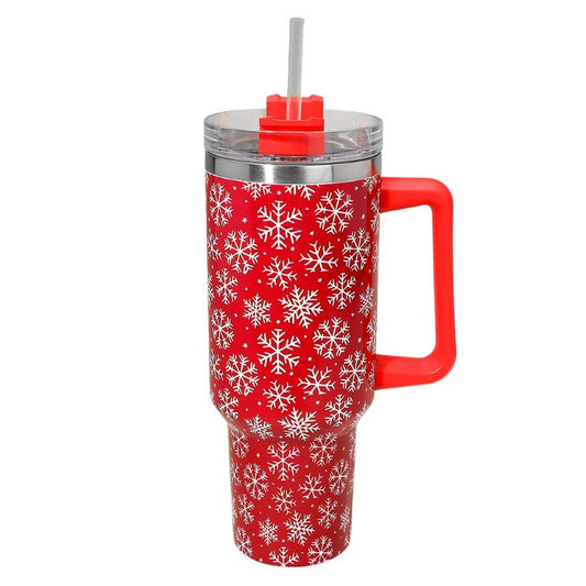 Celebrate the season with this festive 40oz holiday tumbler featuring a charming snowflake design. Includes a secure lid, handle, and reusable straw for easy sipping on the go. Great for keeping beverages hot or cold during holiday events, travel, or daily hydration.