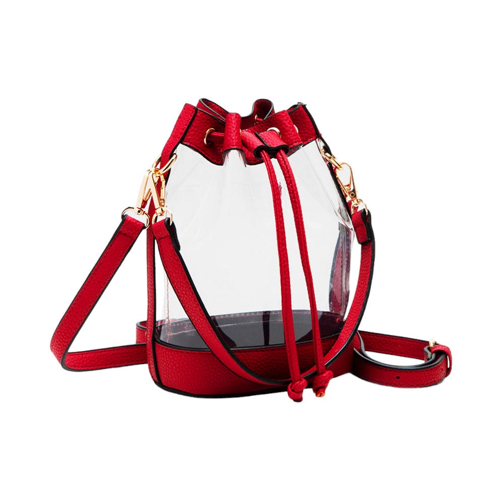 Red-Solid Faux Leather Transparent Bucket Bag, The perfect accessory for your daily needs. Made of durable and trendy faux leather, this bag features a unique transparent design, allowing you to easily access your items while adding a touch of style to your outfit.