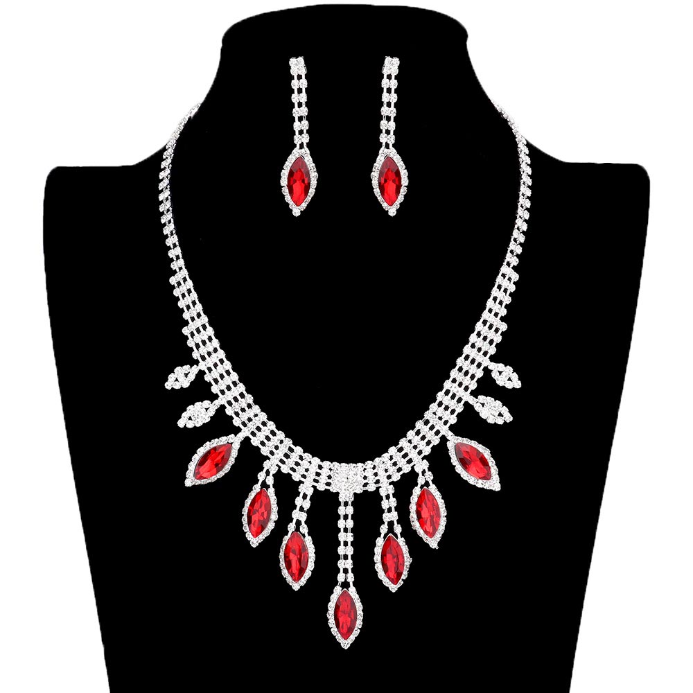 Red Trendy Marquise Stone Accented Rhinestone Necklace, get ready with this Marquise stone necklace to receive the best compliments on any special occasion. This classy rhinestone necklace is perfect for parties, weddings, and evenings. Awesome gift for birthdays, anniversaries, Valentine’s Day, or any special occasion.