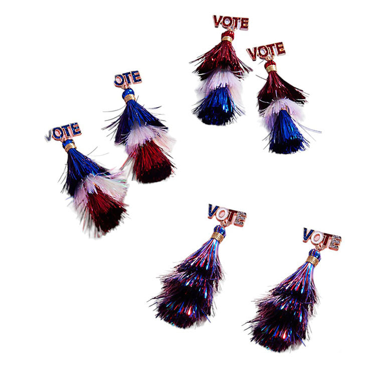 Red-VOTE Pointed American USA Colored Tassel Dangle Earrings, This feature has a unique pointed design and vibrant colored tassels to add a touch of fun to any outfit. Made for the confident and patriotic, these earrings are the perfect accessory to showcase your love for country.1