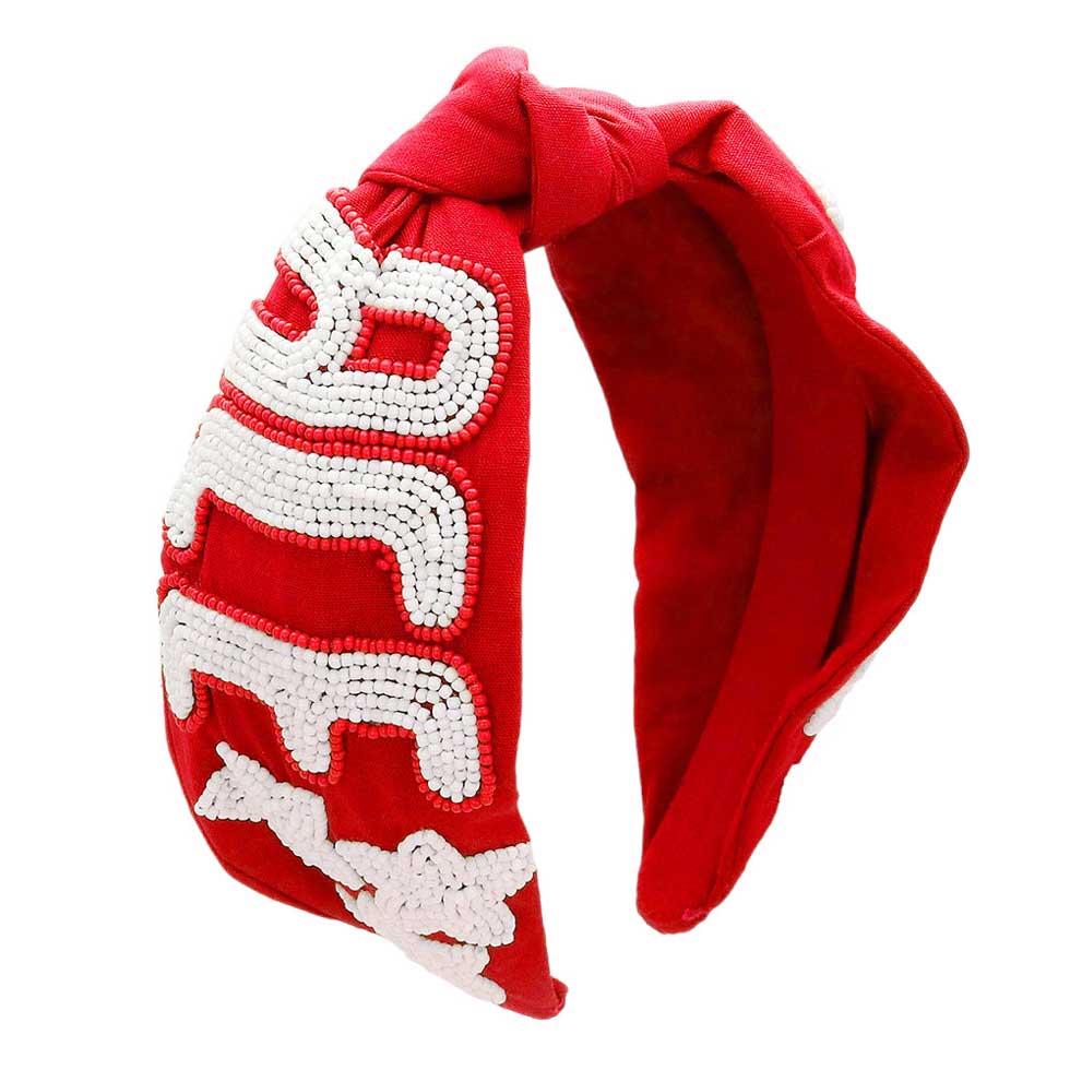 Red White Get ready for the game with this Game Day Seed Beaded ACE Message Star Knot Burnout Headband. Crafted with soft material and adorned with seed beading, an ACE message, and a star knot, this headband is perfect for making a statement and staying comfortable at the same time. Cheer up your favorite team with this.