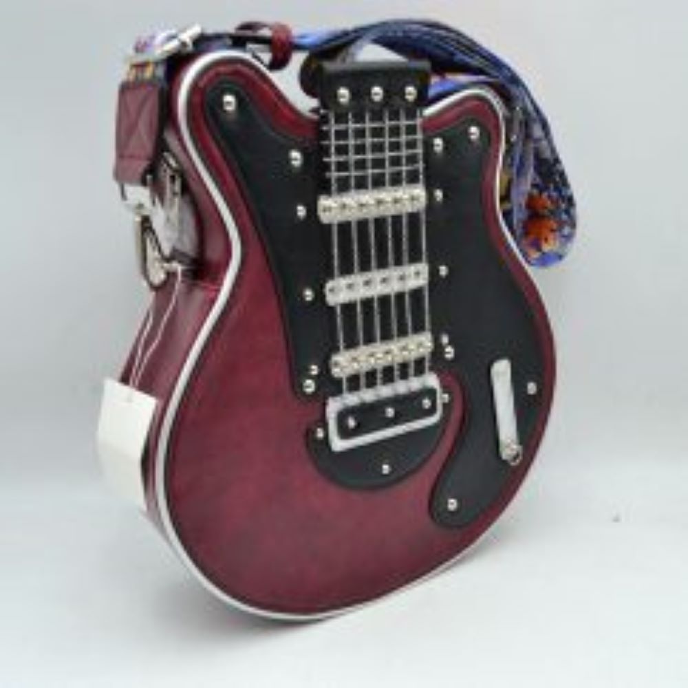 Red This unique novelty handbag features a structured silhouette designed to look like an electric guitar, making it an exceptional statement piece for music lovers. The prominent front panel showcases a color-blocked black and off-white design detailed with polished metallic studs, faux pickups, and delicate hanging chain links that mimic classic guitar strings. Equipped with a secure top zipper closure to keep your essentials safe