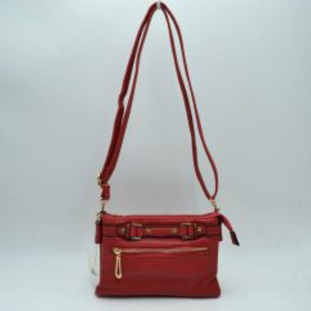Red This functional crossbody bag is designed for organized everyday use, featuring a textured exterior equipped with multiple secure storage compartments. The front panel includes a convenient horizontal zippered pocket accented with an oversized metallic zipper pull, situated beneath a decorative horizontal band detailed with metallic studs and loops.