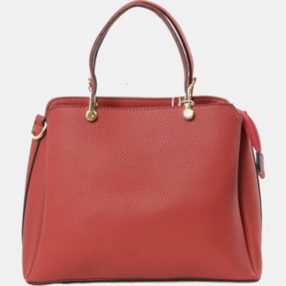 Red This structured handbag is designed for everyday use, featuring dual arched top handles attached with round metallic hardware. The design includes multiple storage compartments to organize your belongings, featuring a central zippered closure alongside separate side compartments.