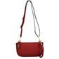 Red This versatile everyday bag features a compact pebbled textured body with a slightly curved base silhouette. Designed for organized daily or evening use, the main storage compartment is secured by a top zipper closure and accented with a small decorative metallic turn-lock detail on the side panel. It offers multiple carrying options, equipped with a long, adjustable crossbody shoulder strap and a shorter matching wristlet loop

