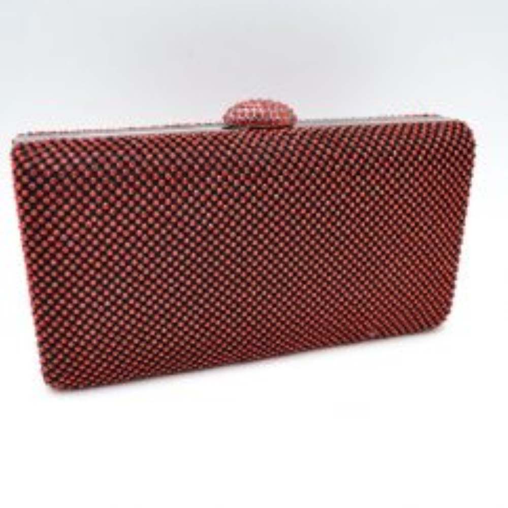 Red This sleek, hard-shell box clutch features a uniformly patterned exterior covered in small, shimmering circular studs that add a refined texture for everyday use and social outings. A smooth metallic frame outlines the top opening, accented by a decorative, jewel-encrusted dome clasp centered along the rim. This structured clasp acts as a functional lift-lock mechanism to open the bag, providing quick access to a compact main storage compartment designed to securely hold essential personal belongings.