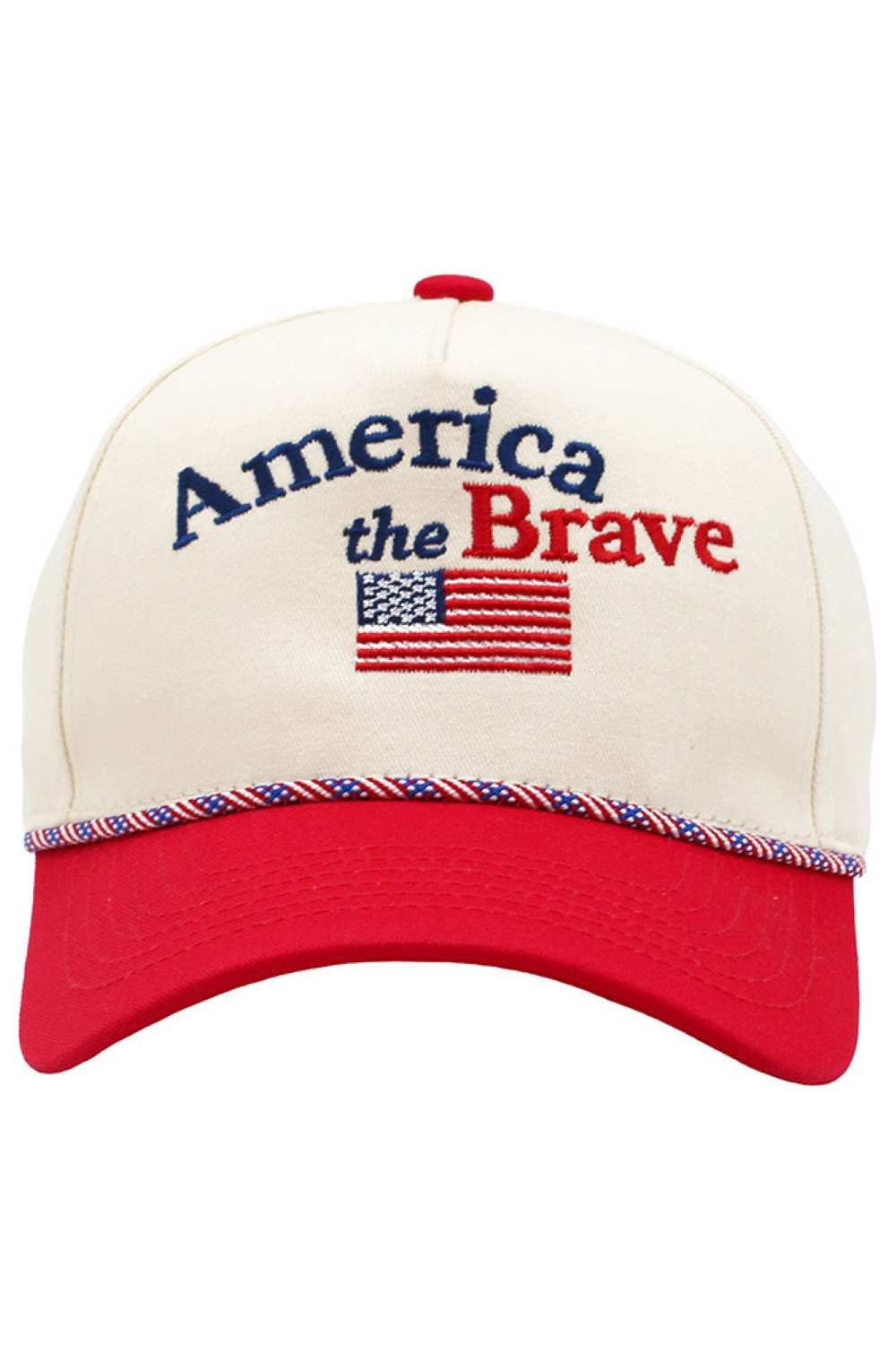 Red Classic baseball cap featuring bold "AMERICA THE BRAVE" embroidery with patriotic flag-inspired color blocking. Constructed from 100% cotton for breathable comfort and durability. Adjustable rope back closure ensures a secure, customizable fit for most head sizes. Perfect for everyday wear, outdoor activities, or showing your patriotic spirit. Lightweight and versatile pairs effortlessly with casual outfits.