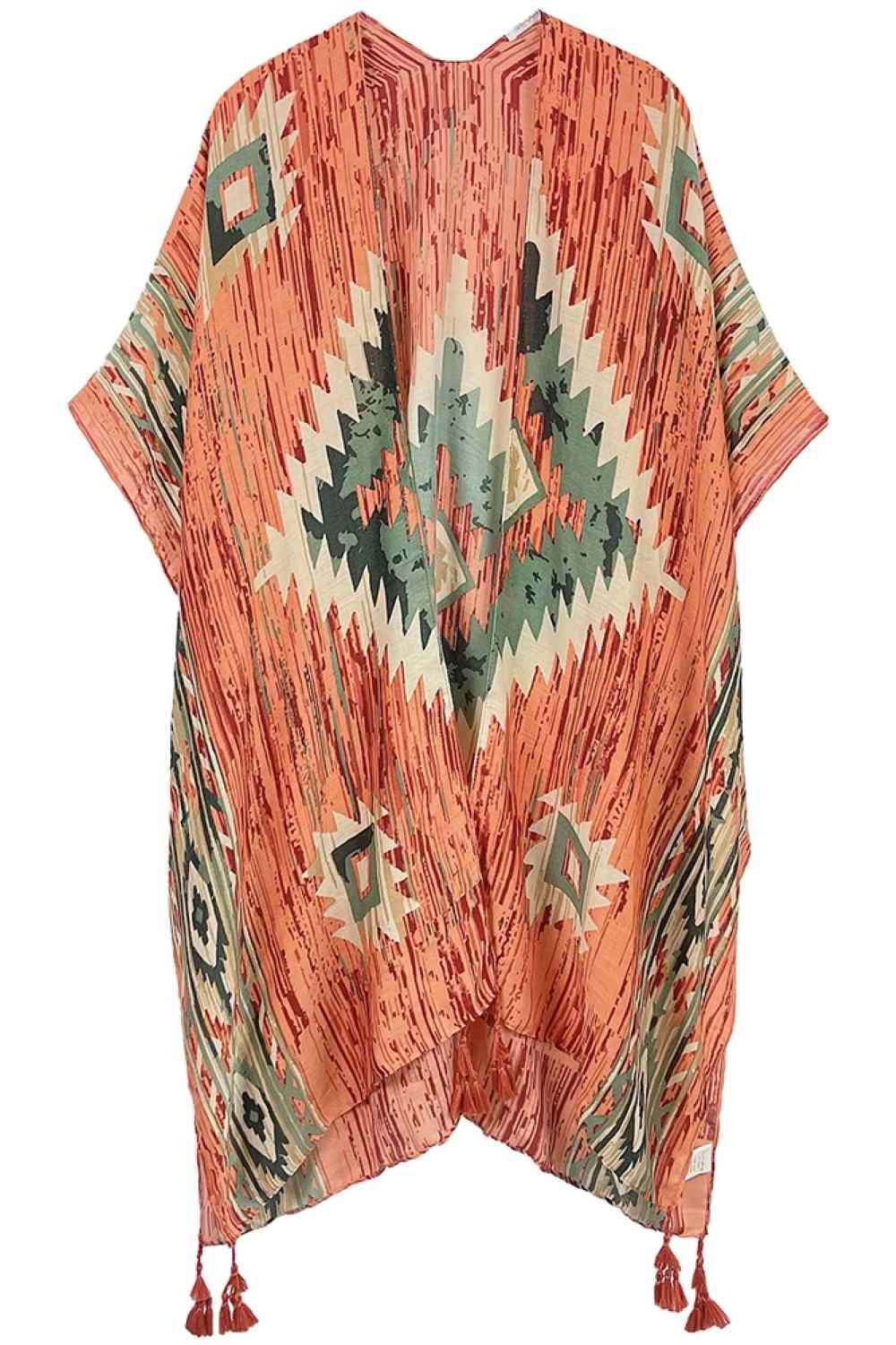 Red Embrace bohemian elegance with this Aztec Print Tassel Kimono. Featuring vibrant geometric patterns inspired by traditional Aztec designs, this lightweight piece drapes beautifully over any outfit. The decorative tassels add movement and flair, while the generous 35.4" x 35.4" dimensions provide versatile styling options. Crafted from soft, breathable 100% polyester, it's perfect for layering during warmer months or as a beach cover-up. An effortless way to add cultural-inspired style to your wardrobe.