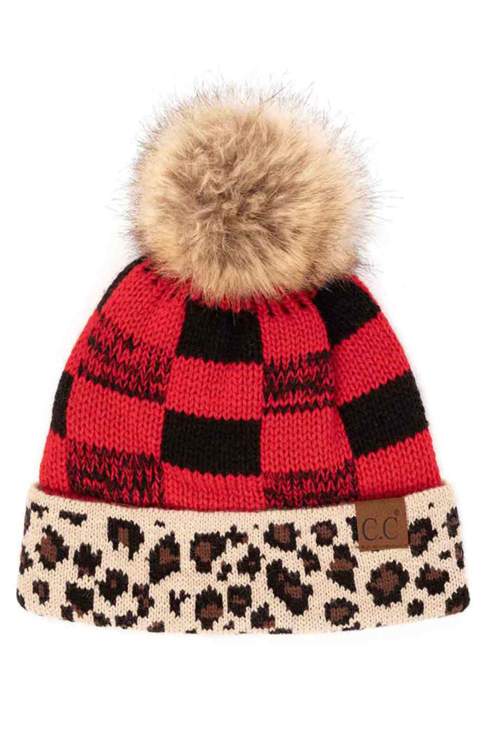 Red Black The C.C Buffalo Check Beanie with Leopard Pattern Band features a bold buffalo check design accented with a contrasting leopard print band for a trendy, eye-catching winter look. Crafted from soft, stretchy knit fabric, it provides cozy warmth and a comfortable, snug fit for cold-weather wear.