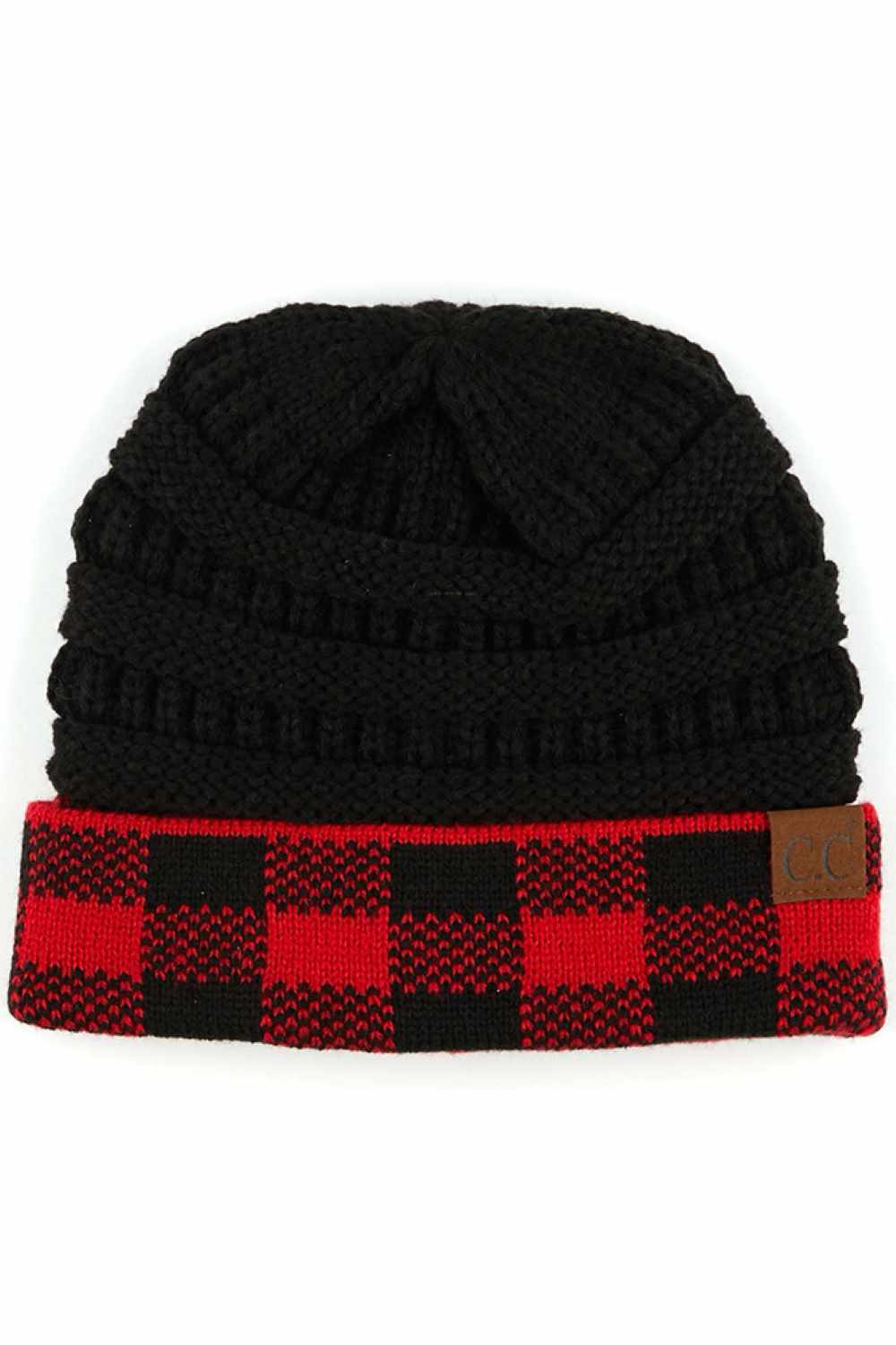 Red Black Upgrade your cold-weather style with the C.C Buffalo Check Cuff Knit Beanie. This classic beanie features a distinctive buffalo check pattern cuff that brings timeless appeal to any winter look.