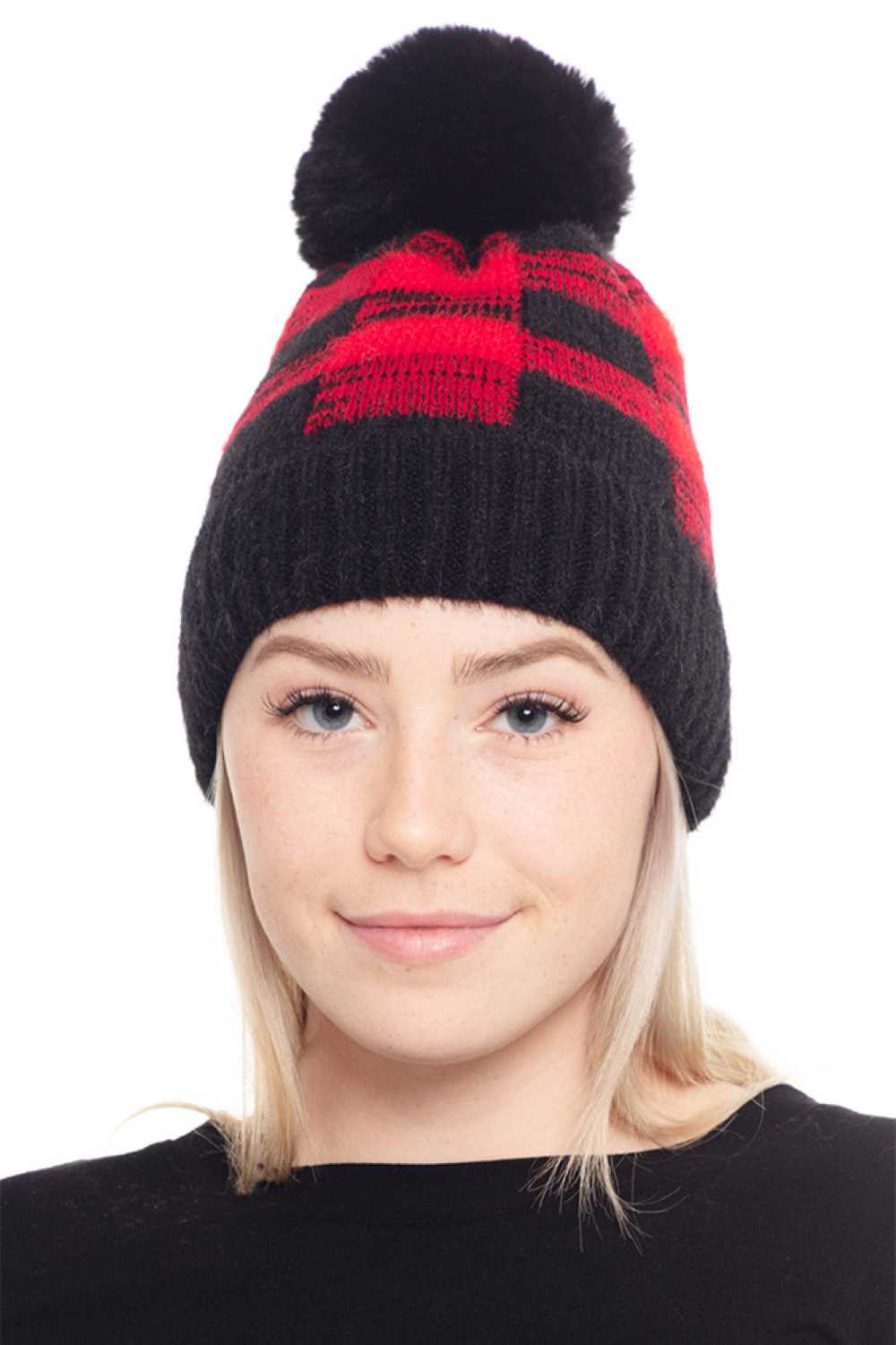 Red Wrap yourself in warmth with this buffalo plaid pom beanie, featuring a soft fuzzy fleece construction that's perfect for chilly days. The cozy blend of 50% acrylic and 50% nylon delivers durability and comfort, while the oversized pom pom adds a playful touch.