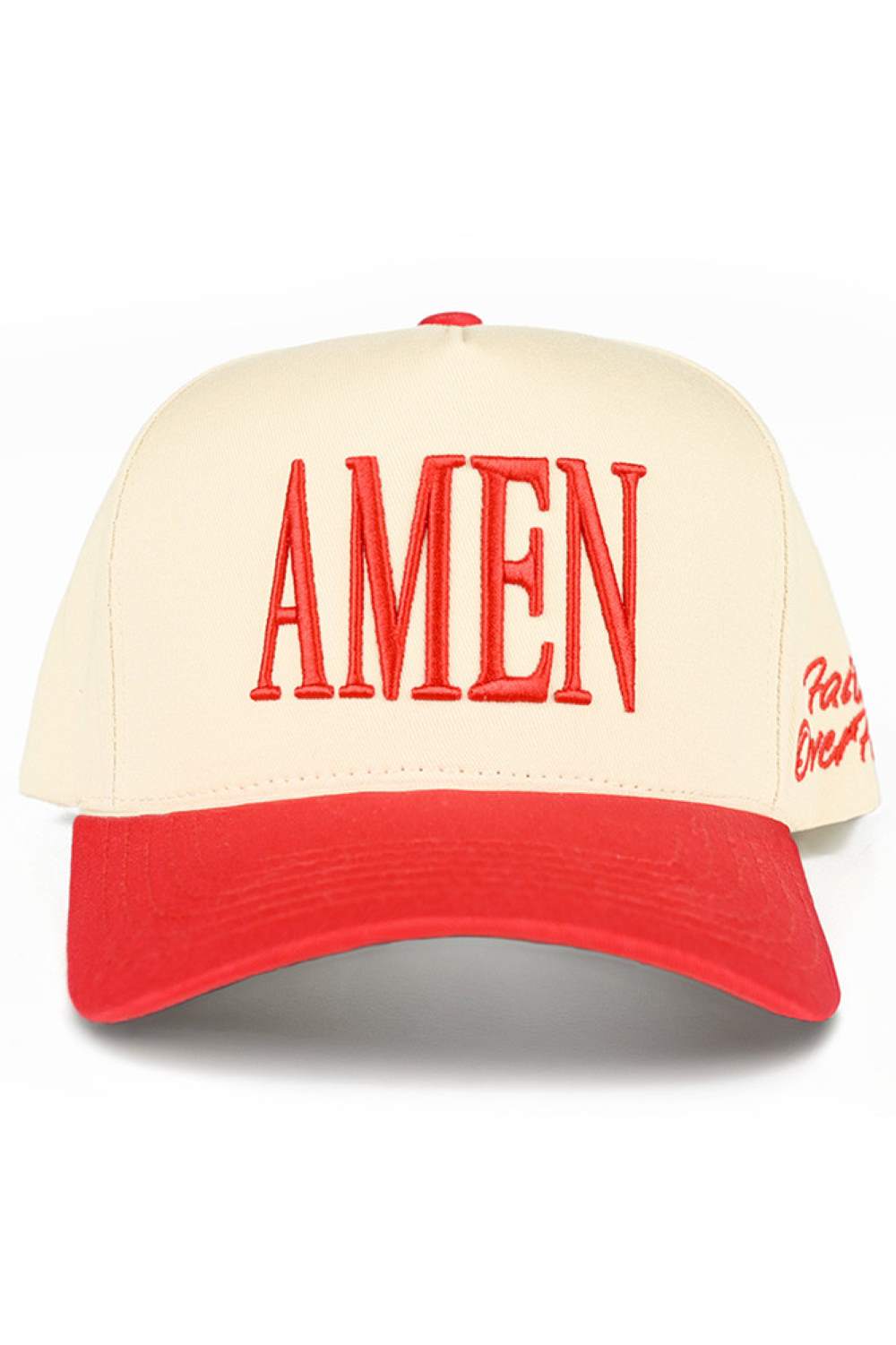 Red Embrace faith over fear with this striking C.C AMEN embroidered trucker hat. Featuring bold two-tone styling and classic snap back closure, it's designed for everyday wear and spiritual expression. Crafted from 100% cotton for breathability and comfort, this one-size-fits-all cap has a 22.5" circumference that adjusts to most head sizes. The structured trucker silhouette offers excellent sun protection and a timeless look. Made in Vietnam with quality construction that lasts. Perfect for those seeking m