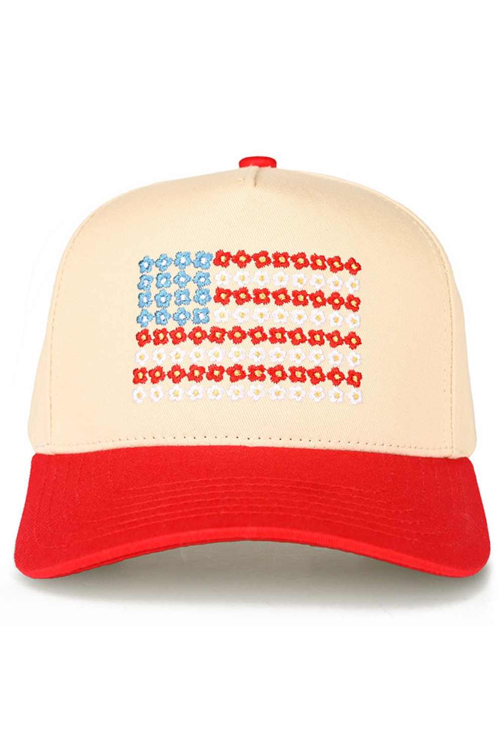 Red C.C Daisy Flower Embroidered Pattern USA Flag Trucker Hat Baseball Cap features charming daisy embroidery paired with a patriotic USA flag design for a unique, eye-catching look. Designed in a classic trucker style, it offers lightweight comfort and an adjustable fit for everyday wear.