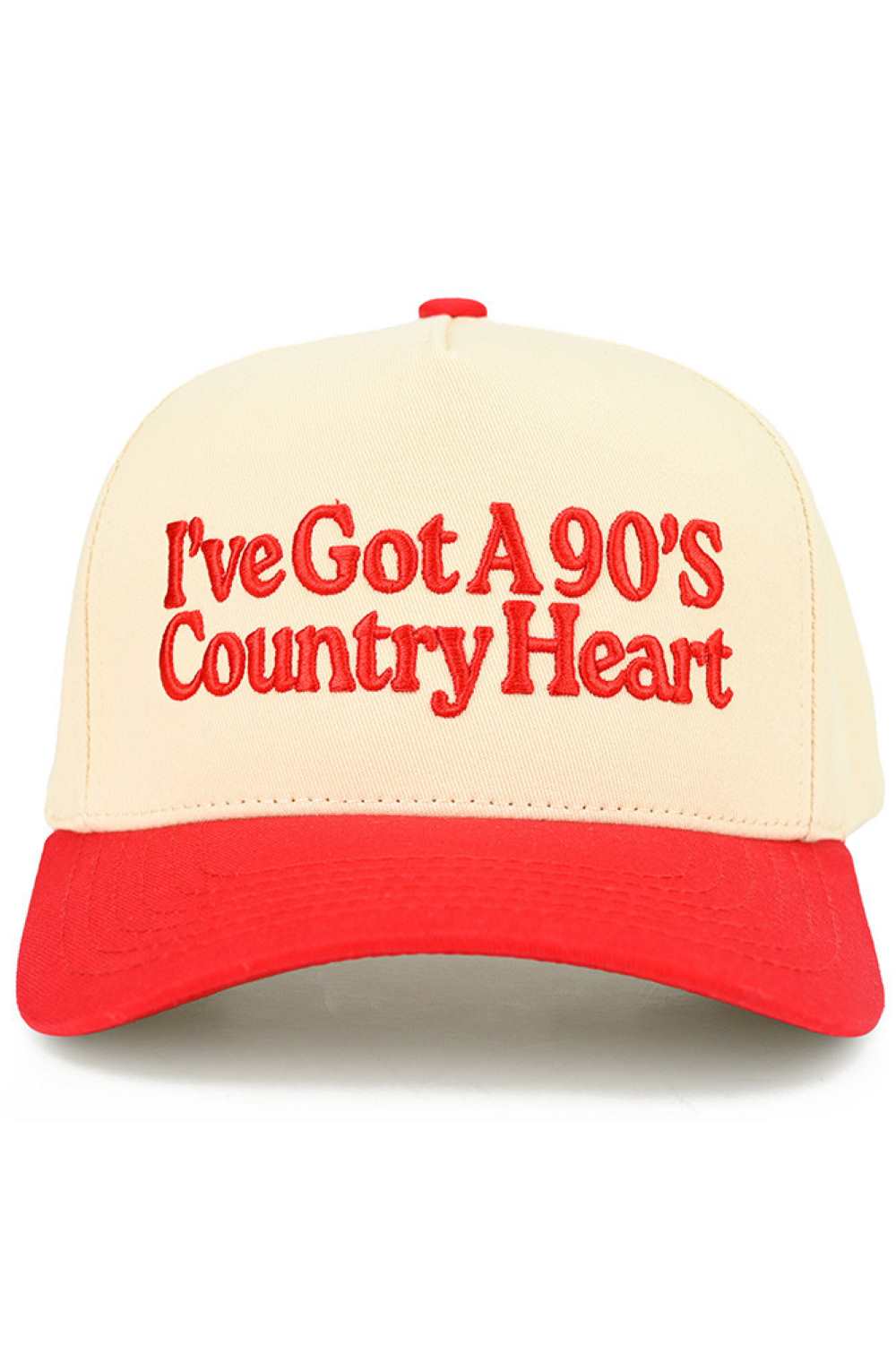 Red Embrace your country spirit with this charming C.C trucker hat featuring an embroidered "I'VE GOT A 90'S COUNTRY HEART" design. Crafted from 100% cotton, this two-tone baseball cap delivers comfort and style for everyday wear. The adjustable snap back closure ensures a perfect fit for most head sizes, with a 22.5" circumference. Whether you're a country music fan or love vintage-inspired fashion, this hat adds authentic flair to any outfit. Made in Vietnam with quality construction that lasts.