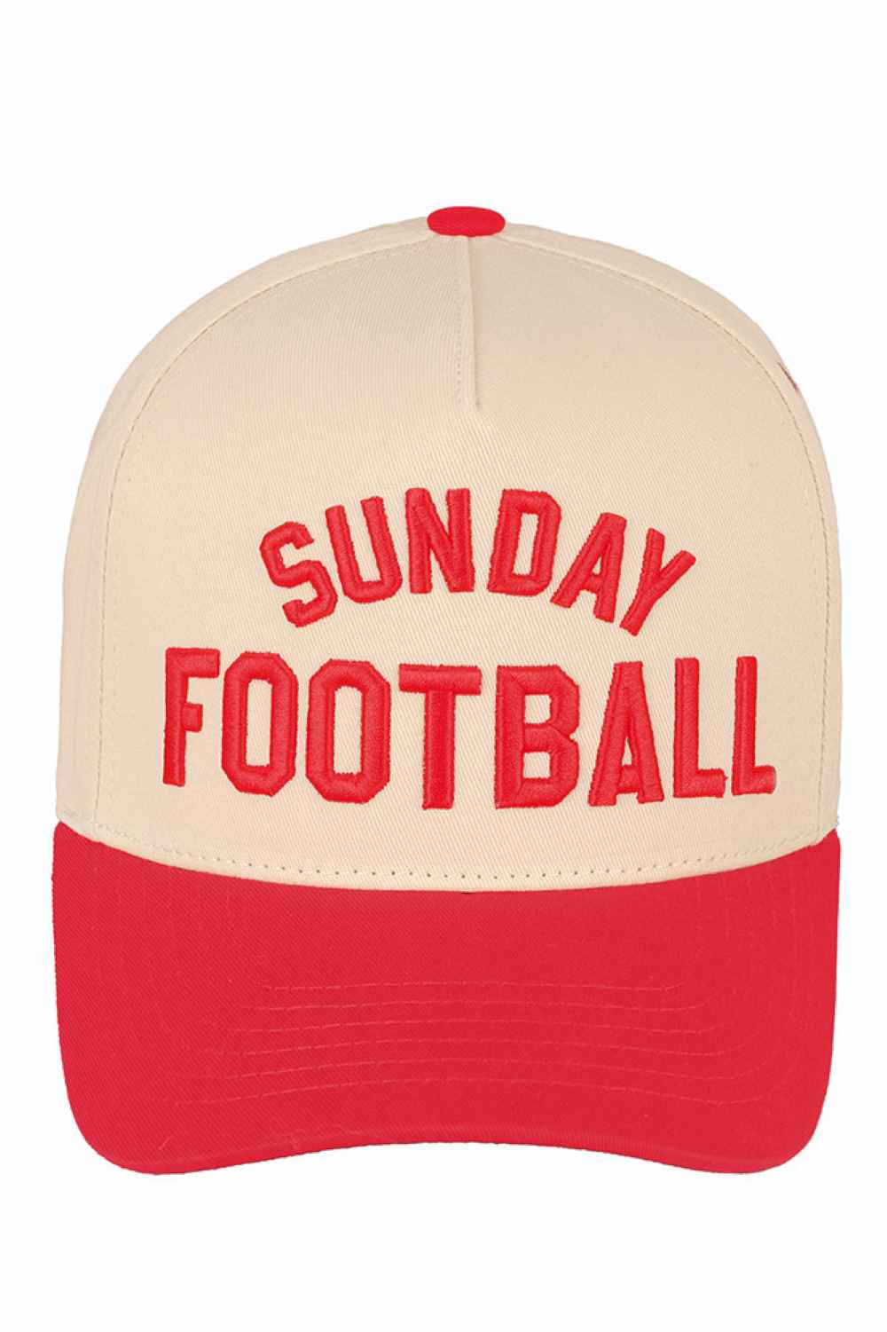 Red C.C SUNDAY FOOTBALL Embroidered Two Tone Baseball Trucker Cap Snapback Celebrate game day in style with this classic trucker cap featuring bold embroidered SUNDAY FOOTBALL branding. The two-tone design combines timeless appeal with modern comfort, perfect for football fans and casual wear alike. Crafted from 100% cotton for breathability and durability. The adjustable snapback closure ensures a comfortable fit for most head sizes, with a circumference of 22.5". Made in Vietnam with quality construction 
