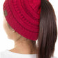 Red The C.C Solid Color Ponytail Messy Bun Beanie combines comfort with versatility for effortless everyday style. Crafted from 100% soft acrylic, this beanie features an open crown design that accommodates ponytails and messy buns while keeping you warm. The one-size-fits-most construction ensures a secure, flattering fit for virtually anyone. Perfect for casual outings, workouts, or relaxed weekends, this practical accessory transitions seamlessly from season to season.