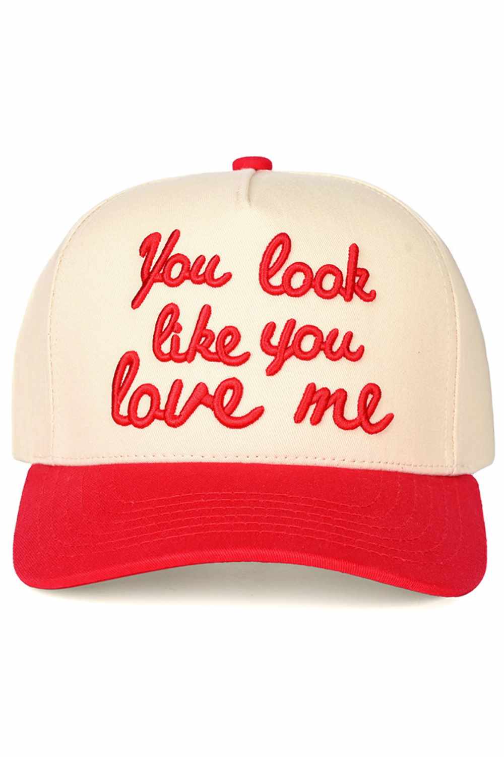 Red Playful and bold, the C.C YOU LOOK LIKE YOU LOVE ME Trucker Hat adds instant personality to any casual outfit with its eye-catching slogan. Designed with a classic snap-back closure and breathable mesh back, it offers a comfortable, adjustable fit perfect for everyday wear.